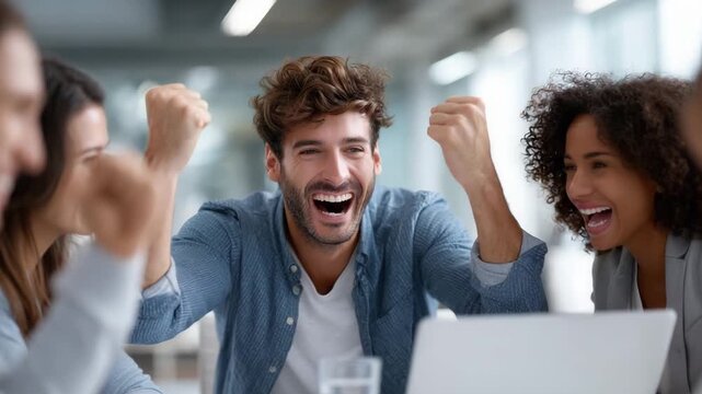 Celebration in the Office: A team of coworkers ecstatically celebrates a shared achievement in a bright office setting.  
