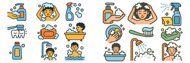 Personal hygiene and cleaning icon set showing daily routine activities like washing hands, brushing teeth, showering, and bathing