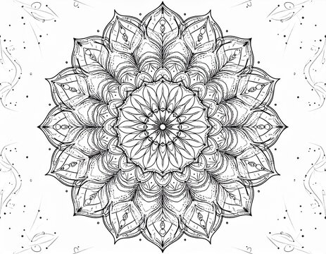 Intricate black and white mandala illustration with detailed floral and geometric patterns radiating from a central point.