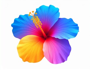 A vibrant, digitally rendered hibiscus flower with blue, pink, yellow, and purple petals, isolated on a white background.