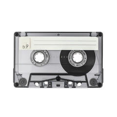 Obraz premium Transparent Cassette Tape Against Black Background Displaying Detailed Design and Mechanical Components