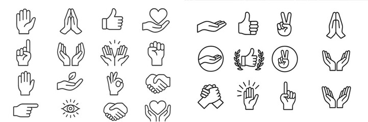 A diverse collection of hand gesture line icons showing signs for communication and expression like thumbs up, peace, prayer, and love