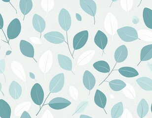 Seamless pattern featuring stylized eucalyptus leaves in shades of blue and white on a light background.