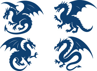 Black silhouette set dragons isolated vector