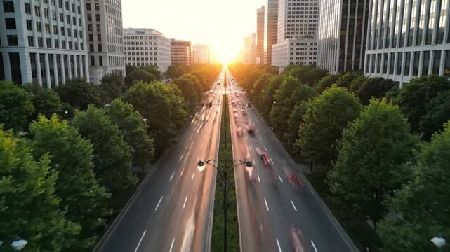 A modern city street stretches towards a brilliant sunset, flanked by towering skyscrapers and a lush tree-lined median, capturing the vibrant dynamism of urban life.