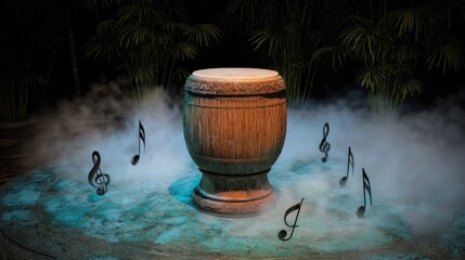 Wooden drum in jungle setting
