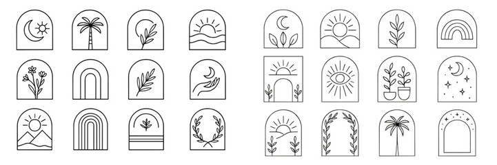 Collection of modern minimalist logos with a bohemian aesthetic, featuring sun, moon, stars, palm trees, and rainbows in arch shapes