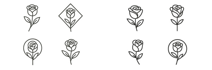 Collection of minimalist rose flower icons in a simple line art style for logos, branding elements, and elegant floral design projects