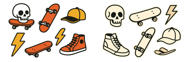Set of retro skateboarding culture stickers with cartoon skull, skateboard deck, high-top sneakers, and baseball cap icons © icon_art
