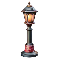 Fototapeta premium Ornate lamppost with glowing light and decorative base isolated on a transparent background vintage