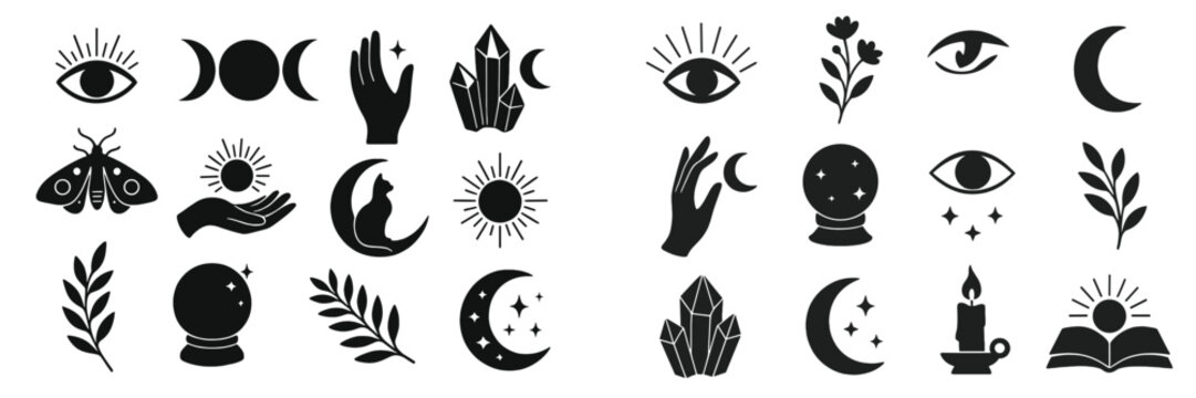 Collection of mystical and esoteric symbols featuring celestial elements like moon phases, sun, and stars, with magical icons such as a crystal ball, moth, and all-seeing eye