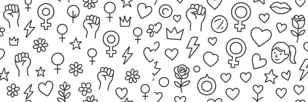 Seamless pattern with feminist symbols like the Venus sign, raised fist, hearts, and flowers in a simple line art doodle style