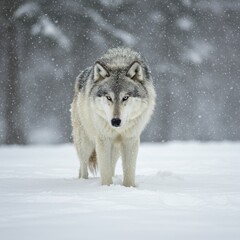 Obraz premium Majestic gray wolf stands in a snowy winter landscape.