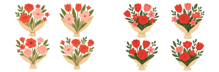 Collection of eight romantic flower bouquets with red and pink roses and tulips wrapped in paper for Valentine's Day or Mother's Day
