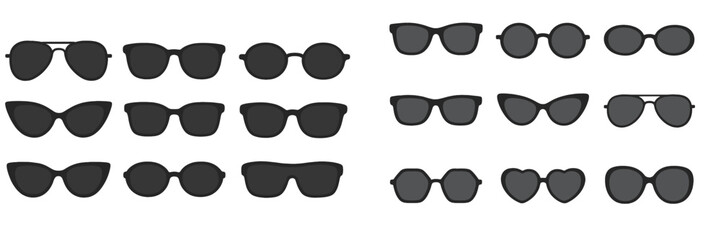 Various styles of black sunglasses including aviator, cat-eye, and round frames isolated on a white background