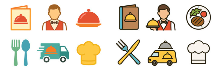 Restaurant and food delivery service icon set with waiter, chef hat, menu, and meal symbols for catering and dining