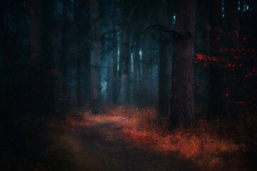 Fototapeta premium Enchanted forest path with misty atmosphere, towering trees, and captivating red foliage. Explore serene nature, mystery, and adventure.