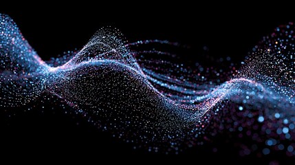 Elegant sparkling particle wave on dark backdrop for scientific research and technology themes with digital visualization