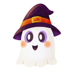 A cute ghost wearing a witch hat for festive occasions isolated transparent background.