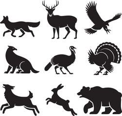 Fototapeta premium Collection of Black Silhouettes of North American Wildlife Animals Keywords: fox, deer, eagle, hawk