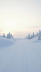 Obraz premium Peaceful Snowy Landscape with Frost-Covered Trees and Pristine White Road Stretching into the Distance Under a Pale Winter Sky