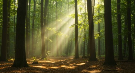 Fototapeta premium Sunbeams Filter Through Lush Forest Trees