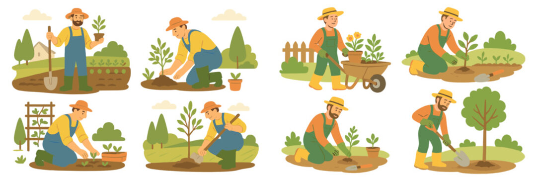 Collection of a male farmer character in various gardening poses, planting trees and seedlings, digging soil with a shovel, and working in a vegetable garden on a farm