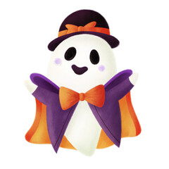 Fancy ghost wearing a bow tie for Halloween celebration. isolated transparent background.