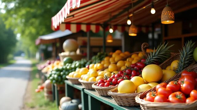 Open Air Farm Stand: Seasonal Melons, Berries & Tomatoes in Woven Baskets Under Striped Canopy - Country Road Photo Stock Concept with Empty Space