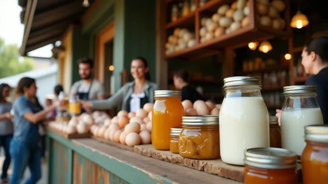 Family Farm Stand: Selling Fresh Eggs, Honey, Preserves & Milk in Reused Glass Jars at Community Market - Perfect for Local Produce Lovers - Empty Space for Text