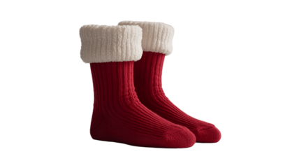 A close-up shot of a pair of cozy, red socks with a folded cream-colored cuff.