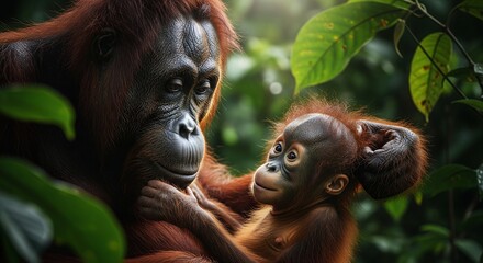Fototapeta premium A tender, loving moment between a mother orangutan and her adorable baby nestled together in the lush green jungle canopy.