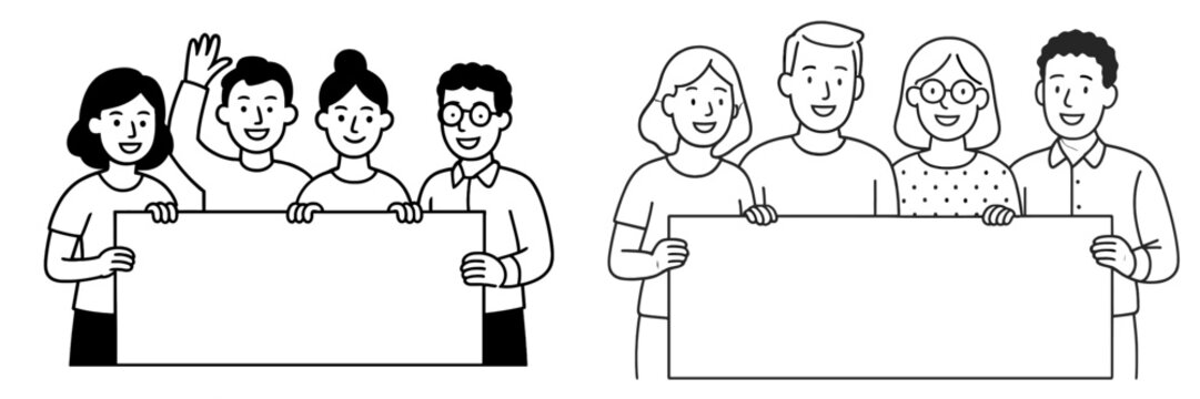 Line art drawing of two diverse groups of smiling people holding a blank banner for custom text or message