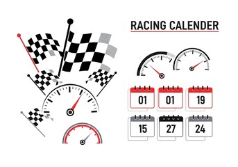 Racing calendar, Minimalist illustration of race flags, speedometers, and calendar icons.