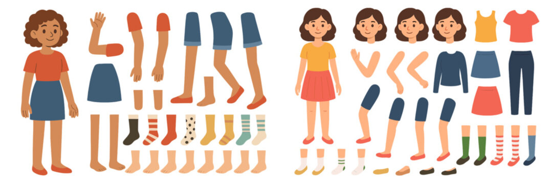 Female character constructor set for animation with customizable body parts, hairstyles, and clothing options for creating unique poses and outfits