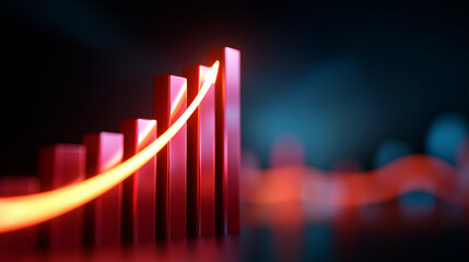 A futuristic growth screen glows with interactive percentage graphs numbers climbing in luminous arcs across a vast holographic surface. Atmosphere of progress intelligence and