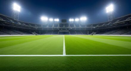 Fototapeta premium Spectacular view of a large illuminated stadium with green grass and bright lights