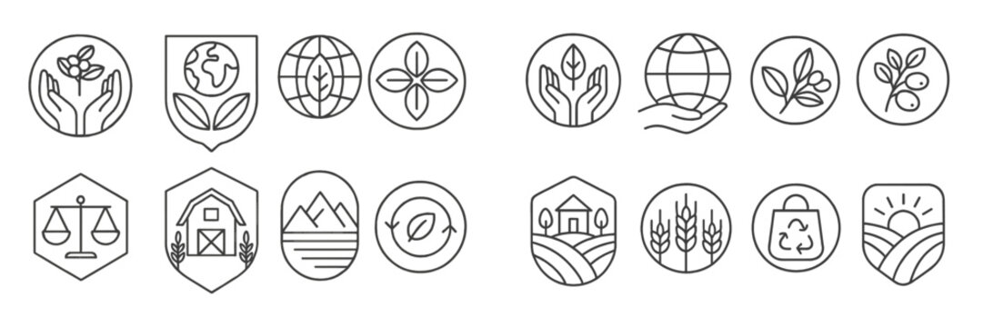 Set of line art icons for ecology, sustainability, and agriculture concepts like organic farming, fair trade, and environmental protection