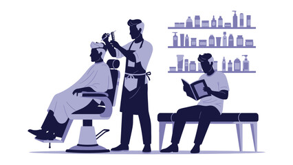 Modern illustration of a barber shop scene with a barber cutting hair a client in a chair and another client reading a book on a bench showcasing a clean and stylish atmosphere
