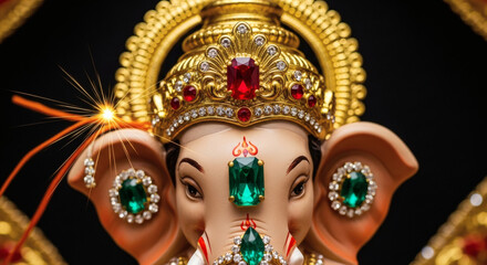 Fototapeta premium Close-up of a Ganesha statue with precious gems and gold ornaments on a dark background.