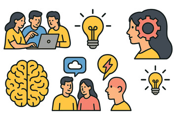 Set of colorful icons for brainstorming, teamwork, and innovation concepts including lightbulb, brain, and people collaborating on a laptop