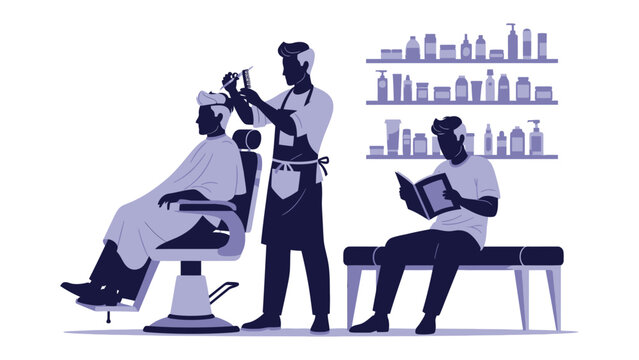 Modern illustration of a barber shop scene with a barber cutting hair a client in a chair and another client reading a book on a bench showcasing a clean and stylish atmosphere