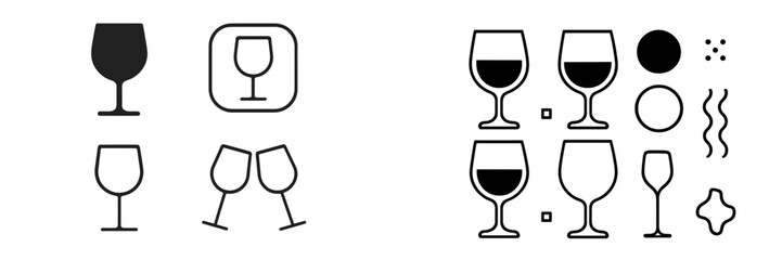 Collection of wine glass icons with minimalist line art symbols representing alcohol, beverages, and celebration concepts on an isolated white background