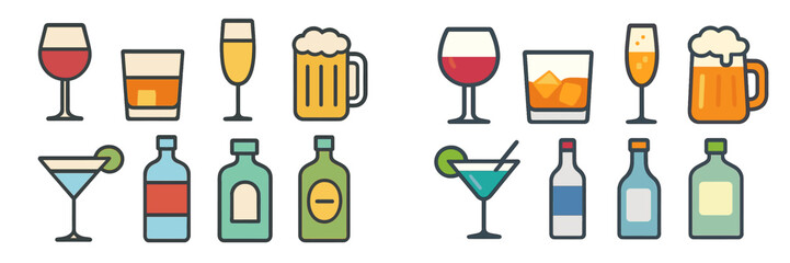 Set of alcoholic beverage icons including wine glass, beer mug, whiskey tumbler, cocktail, and liquor bottles isolated on a white background