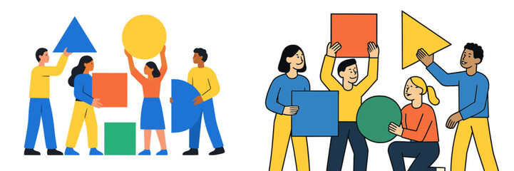 Set of two illustrations showing a diverse team of people working together to build with large geometric shapes, a concept for teamwork, collaboration, and creative problem solving