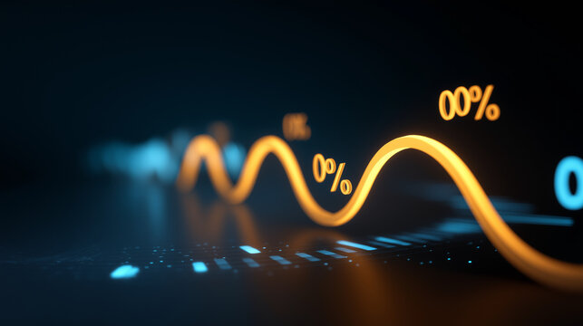 A futuristic growth screen glows with interactive percentage graphs numbers climbing in luminous arcs across a vast holographic surface. Atmosphere of progress intelligence and - Powered by Adobe