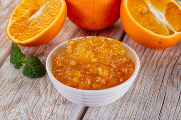 Sweet orange jam in the bowl