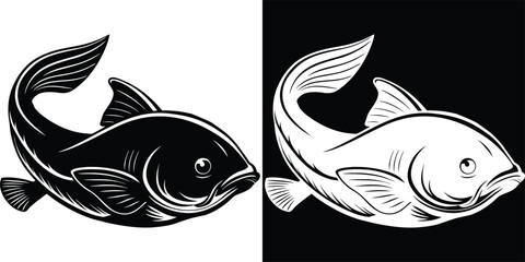 Bold graphic of a stylized fish in striking black and white contrast, perfect for aquatic themes and branding