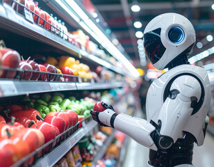 Humanoid robot choosing apples in high tech supermarket environment