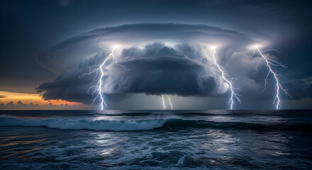 Dramatic seascape featuring lightning strikes over ocean waves during a powerful storm
